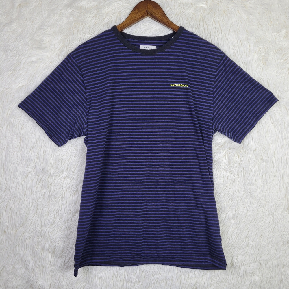 Lg Saturdays NYC Mens Blue & Black Striped T-Shirt Casual